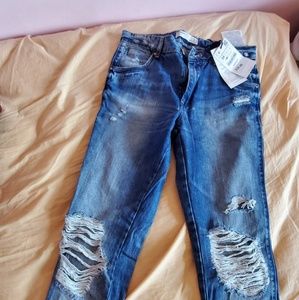 NWT Zara TRF ripped medium wash low-rise jeans